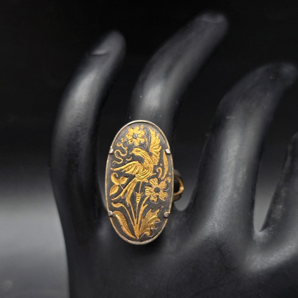 Damascene Oval Bird Floral Ring Black Gold Tone Size 6.5